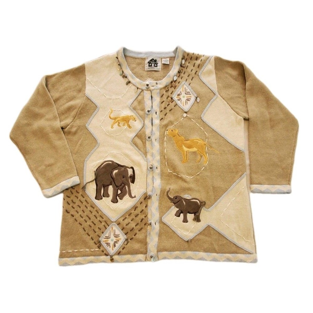 Vintage Storybook Knits Womens Safari Cardigan Sweater 1X Plus Beige Beaded 3D